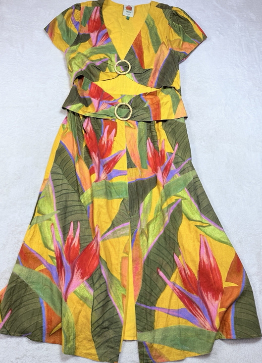 FARM Rio Dresses & Skirts - Farm Rio Yellow Tropical Leaf O-Ring Cut Out Midi Dress Resortwear Boho SZ XL